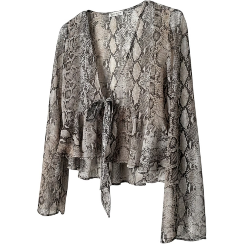 Carole Christian Snakeskin Print Tie Front Peplum Blouse Brown Beige Small
